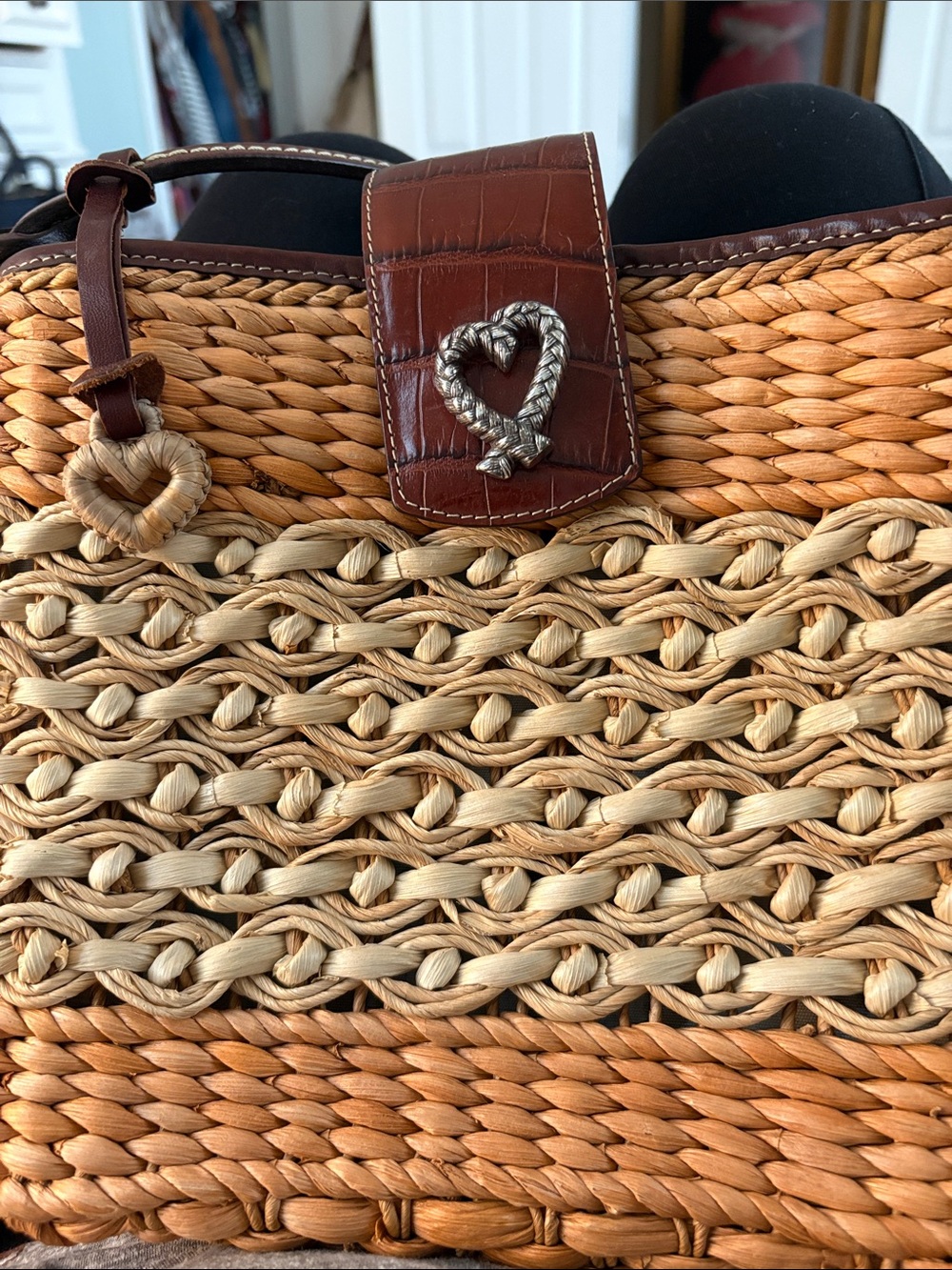 Woven Straw Tote with Brown Leather Trim and Heart Detail